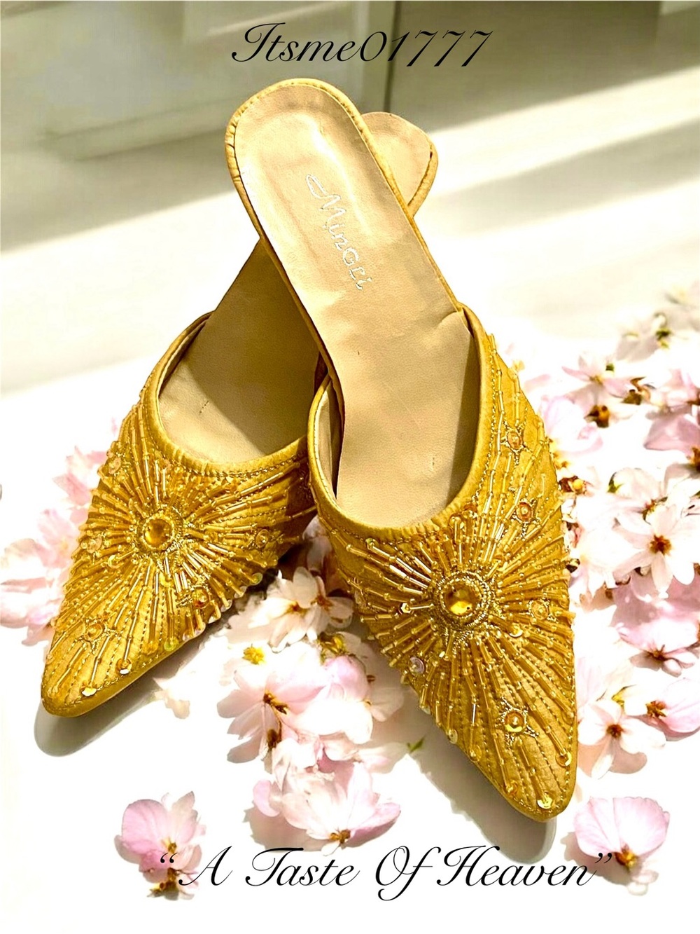 🌸 Gold Beaded Pointed-Toe Slip-On Mules